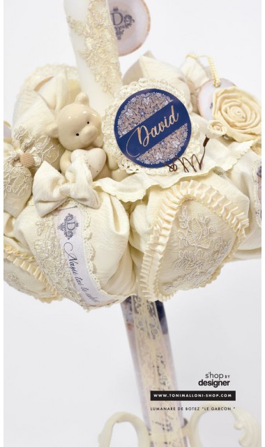 Lumanare de botez cu  ursuleti, dantela ivory, accente gold si bleumarin 1